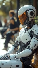 Futuristic Robot with Glowing Interface in Public Space