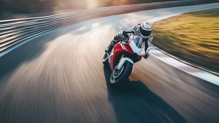 A motorcyclist leans into a curve on a racetrack, showcasing speed and skill.
