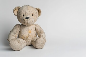 Worn teddy bear on white.