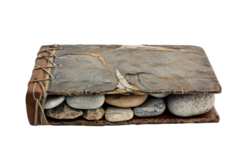 Unique handcrafted book made from natural stones and leather, highlighting artistic creativity and craftsmanship in design.