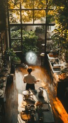 AI Assistant Projection in Rustic Kitchen Scene