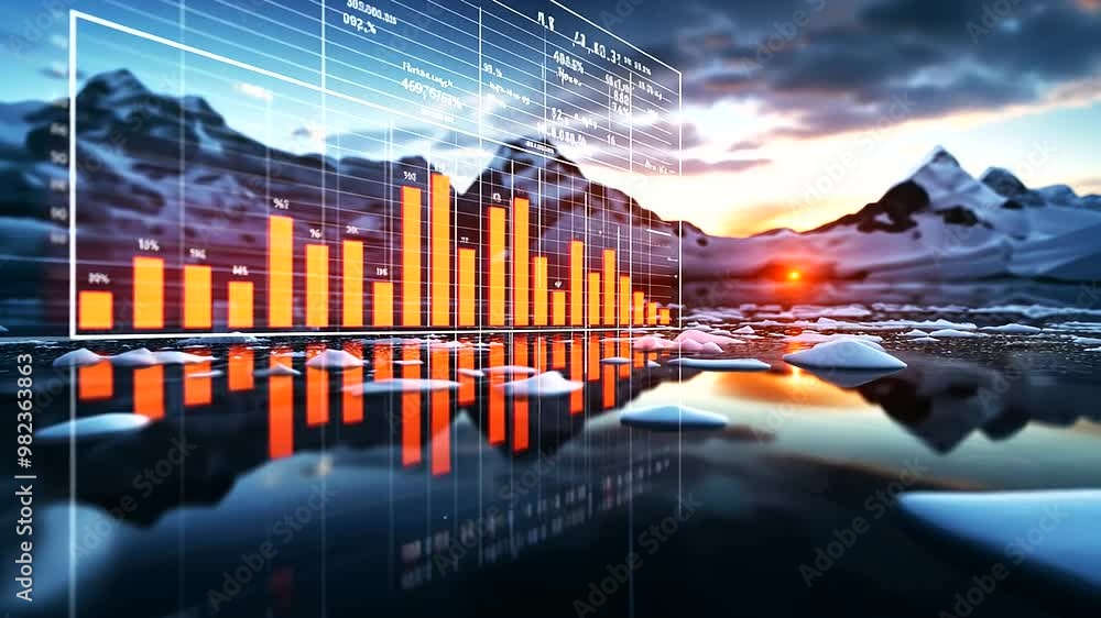 Poster a bar graph set against a polar ice cap background, with rising bars showing co2 emissions linked to