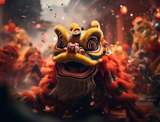 Chinese people are celebrating the New Year with firecrackers, dragon and lion dances