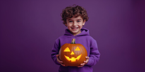Boy with glowing pumpkin, dark grey Halloween backdrop
