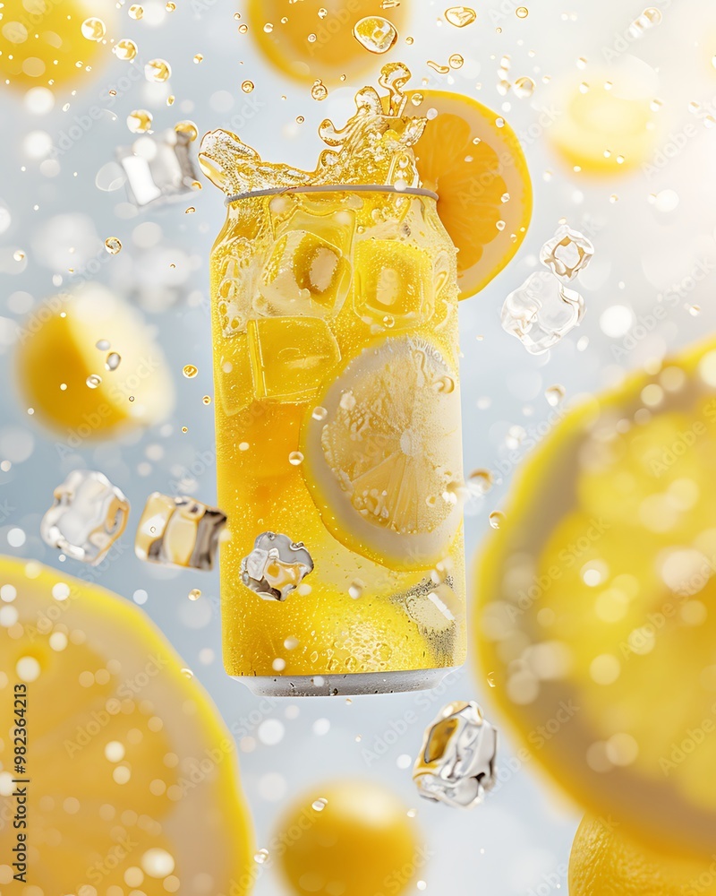 Poster a can of lemon soda with lemon slices and ice cubes splashing in the air.