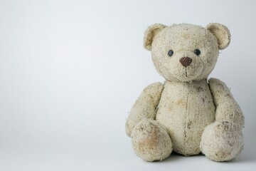 Obraz premium Old worn teddy bear on white backdrop