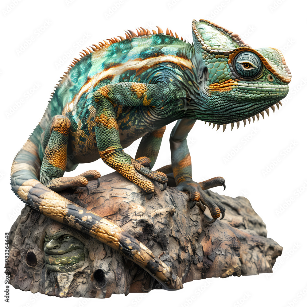 Poster vibrant chameleon with detailed designs and textures perched on a stone, set against a clear backgro