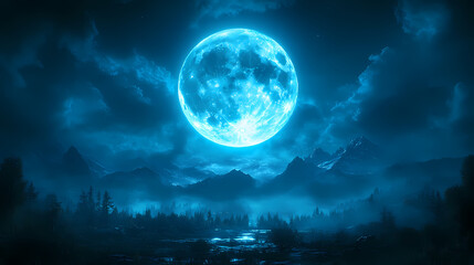 Full moon above mountain peaks