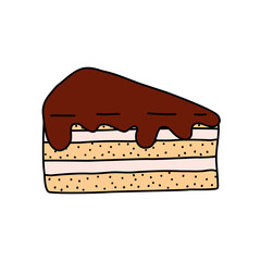 Piece of cake with chocolate glaze, baking design element for cafe menu, vector