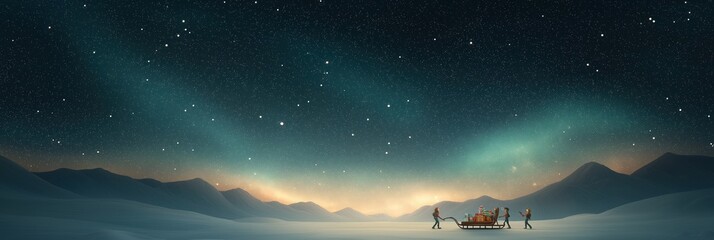 Fototapeta premium Magical Elves Loading Sleigh Under Starry Night Sky