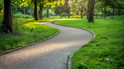 Winding curve pathway track for walking, running and cycling in green park.