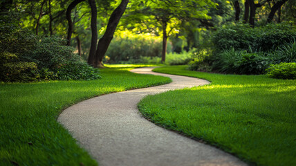 Fototapeta premium Winding curve pathway track for walking, running and cycling in green park.