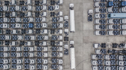 Aerial top view of semi truck cargo trailer, Semi truck trailer cargo park on parking lot, New semi...