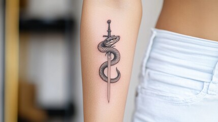 A tattoo of a snake on the arm with sword, AI