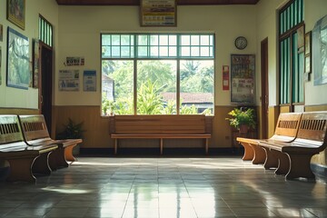 The waiting room of a rural hospital in Solok Selatan with simple and welcoming decor