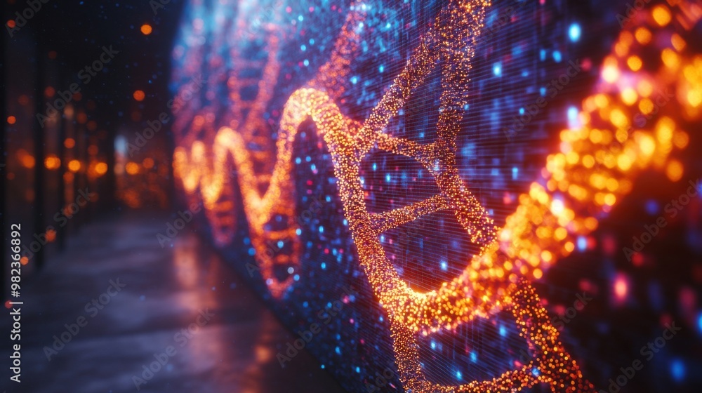 Poster the 3d rendering of dna structure on a digital screen represents the advanced technology and medical