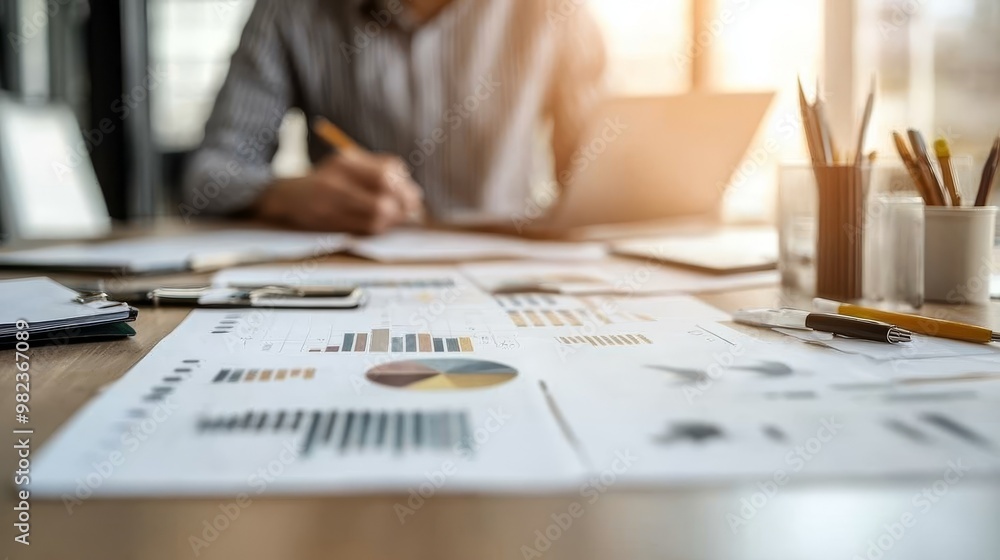 Poster close-up of a desk with a person working on financial documents. charts and graphs are visible, alon