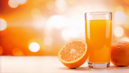 Naklejka premium glass of orange juice, sliced oranges around 