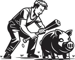 Vector art of man breaking piggy bank apart