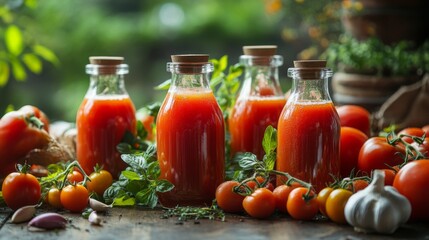 Bottles of homemade tomato juice arranged in a kitchen setting, surrounded by fresh tomatoes, garlic, and herbs, conveying the idea of organic, homegrown products.