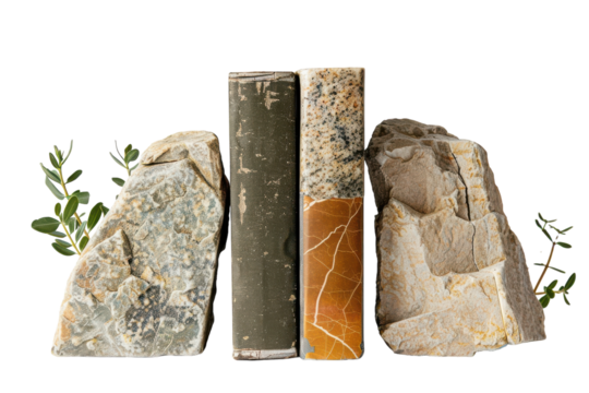Decorative arrangement of vintage books and natural stones on a minimalistic background, showcasing a balance of nature and literature.