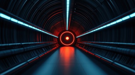 A dark, futuristic tunnel is illuminated by a red and blue glowing circle, creating a mysterious...