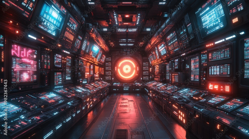 Poster illustration of a room showing many overlapping ai circuits. it is modern technology, future technol