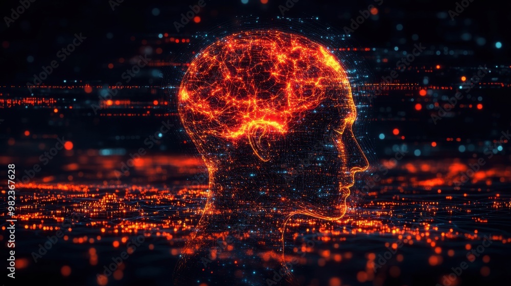 Poster illustration of ai brain connected to real-time stock market data, reflecting modern technology that