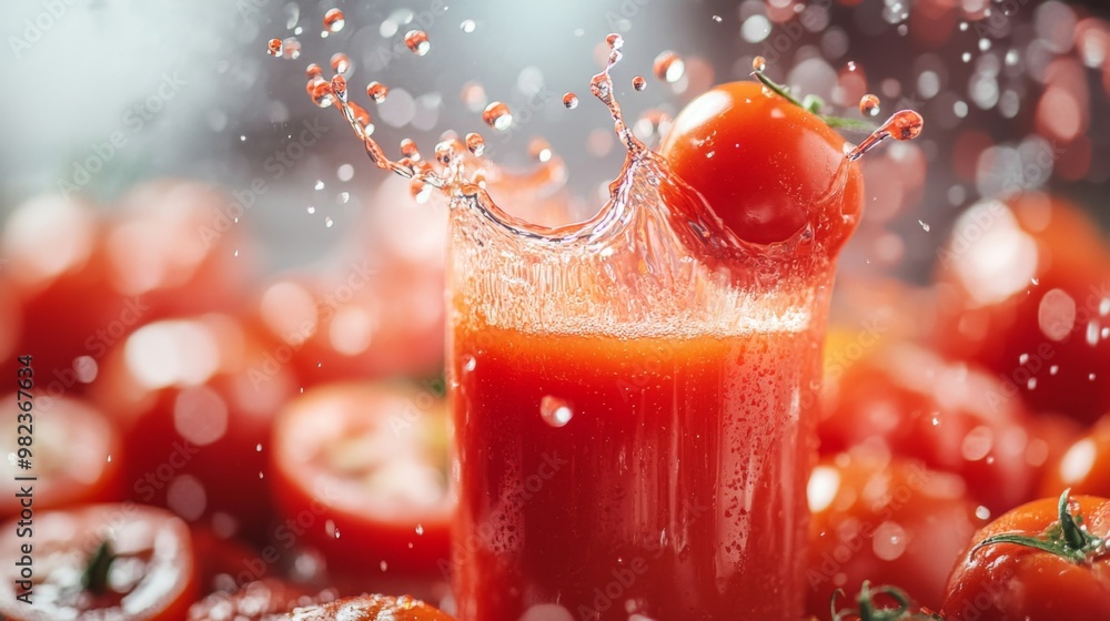 Poster Close-up of tomato juice splashing into a glass, with droplets frozen mid-air, surrounded by whole and sliced tomatoes, symbolizing freshness and vitality.