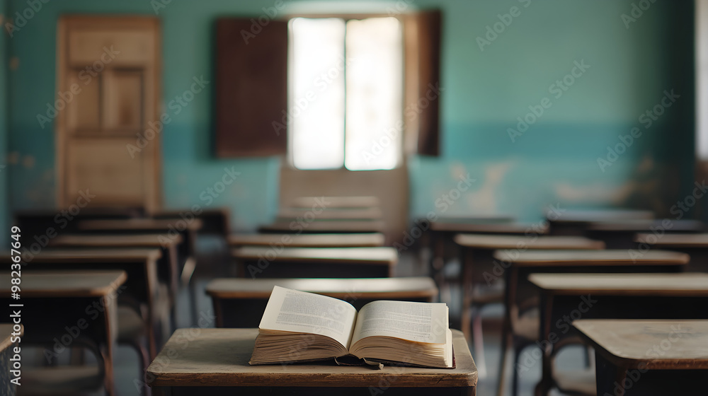 Poster a classroom with clean empty desks and a single open book on the front desk creating a serene and st