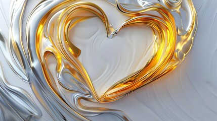 Elegant Swirling Golden and Silver Heart Shape on Blank Background