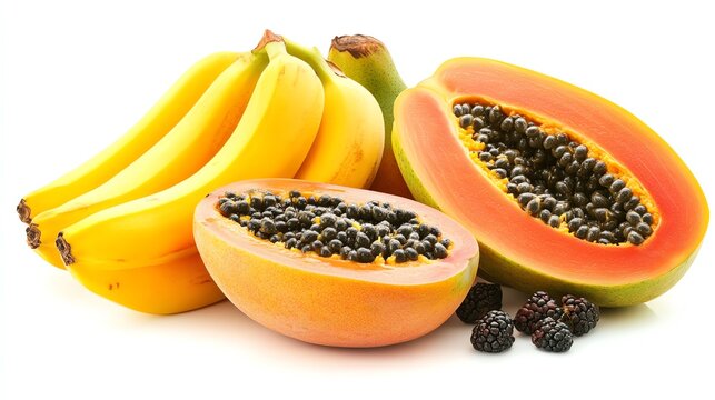 Fresh bananas and sliced papaya showcase vibrant colors and textures, perfect for illustrating healthy eating and tropical flavors.