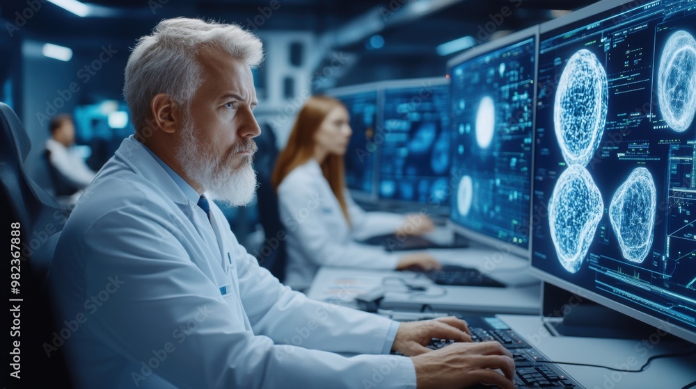 Aufkleber a man in white coat sitting at computer with multiple monitors, ai