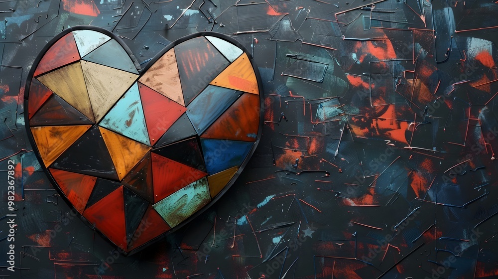 Poster vibrant abstract geometric heart motif with blank background for design or text