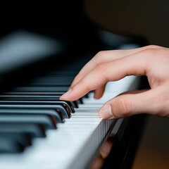 Obraz premium Close-up of a hand playing a piano, showcasing the delicate touch of a musician.