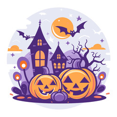A autumn postcard design for Scary Halloween with Cute characters. Horror story Trick-or-treating. Colorful Vector illustration for flyer and social media post.