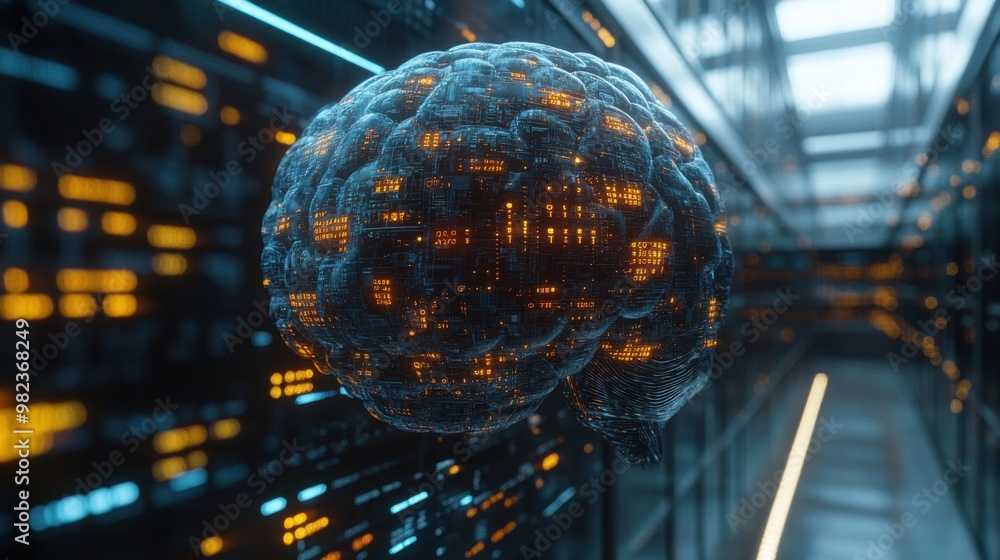Poster illustration of ai brain connected to real-time stock market data, reflecting modern technology that
