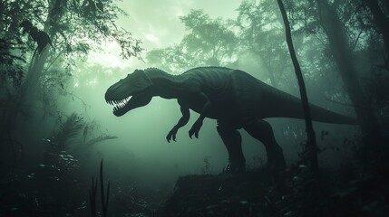 Fototapeta premium Silhouetted Dinosaur Figure in Misty Jungle Ambiance