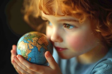 Naklejka premium Child with globe dreaming of travel and discovery