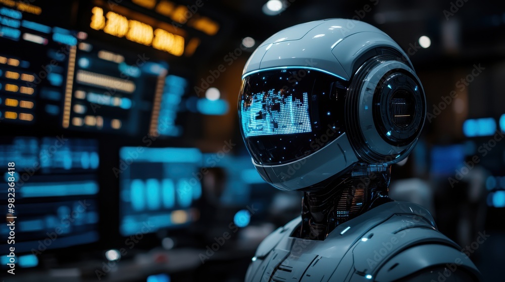 Poster illustration of a virtual robot in a stock trading area controlled by a robot under modern technolog