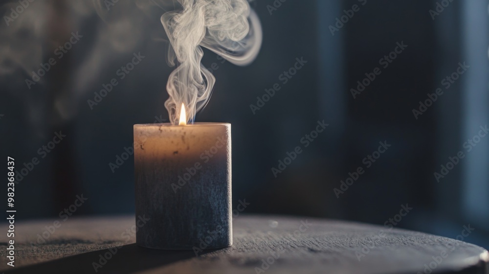 Aufkleber Gray smoke curling up from a recently extinguished candle, slowly dissipating into the air, creating an atmosphere of tranquility and closure