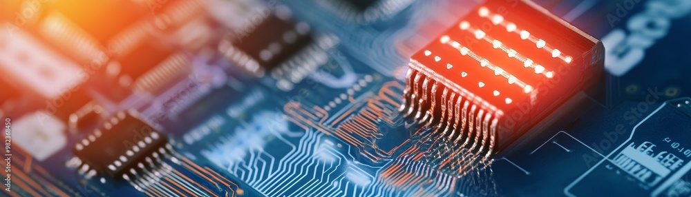Poster close-up of a microchip on a circuit board showcasing intricate details and vibrant colors, highligh