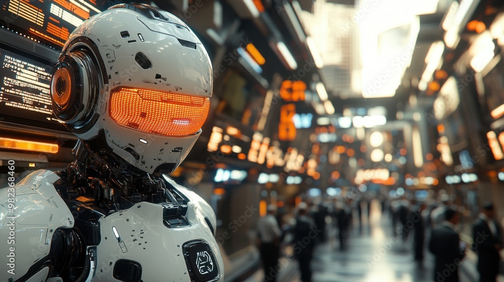 Poster illustration of a virtual robot in a stock trading area controlled by a robot under modern technolog