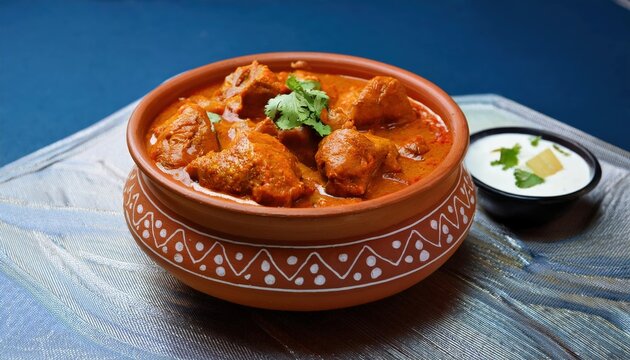 Traditional Indian Chicken Handi Curry in Pot Bowl on Dark Surface
