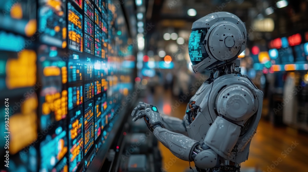 Aufkleber illustration of a virtual robot in a stock trading area controlled by a robot under modern technolog