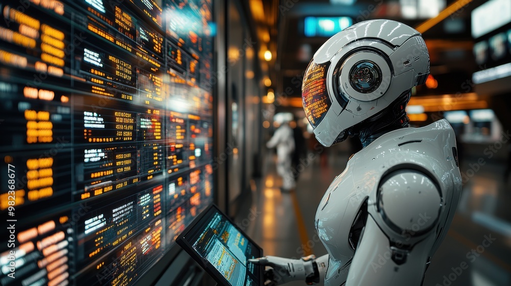 Poster illustration of a virtual robot in a stock trading area controlled by a robot under modern technolog