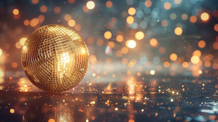 Obraz premium Glistering disco ball gold bokeh light background. Glamour glitter glittering illuminated