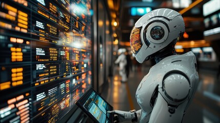 Fototapeta premium Illustration of a virtual robot in a stock trading area controlled by a robot under modern technology system. Technology of the future.