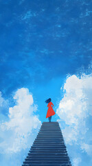A woman in a red dress climbs surreal stairs towards a bright sky, symbolizing ambition and dreams amidst fluffy clouds
