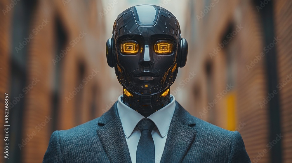 Poster illustration of a virtual robot in a stock trading area controlled by a robot under modern technolog